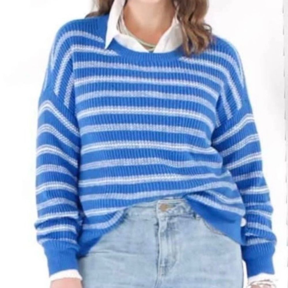 CAbi Blue and White Striped boxy Women's Sweater. M
